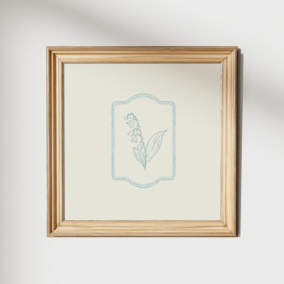 Minimal Blue Lily of the Valley Line Art Nursery Botanical Poster