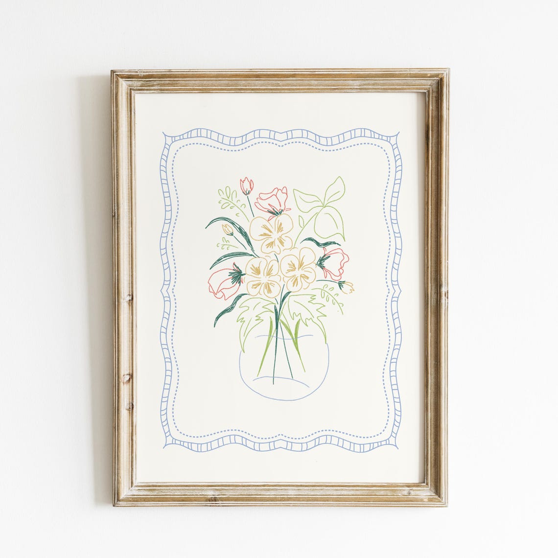 Pastel Yellow Pink Blossom Bouquet Line Art Vase Doodle Art Poster - Image 3