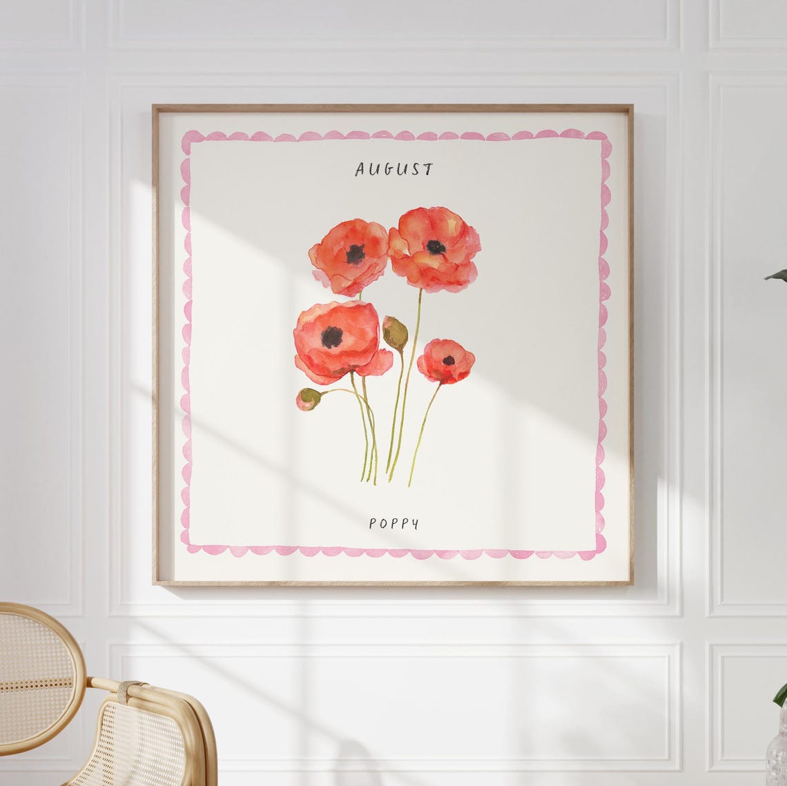 August Poppy Watercolor Birth Month Flower Pink Border Art Poster - Image 5