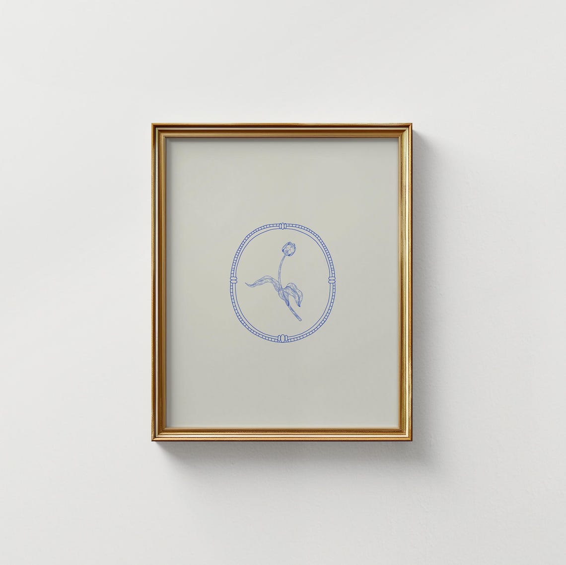 Blue Tulip Bud Line Drawing Oval Frame Cream Vertical Decor Poster - Image 5