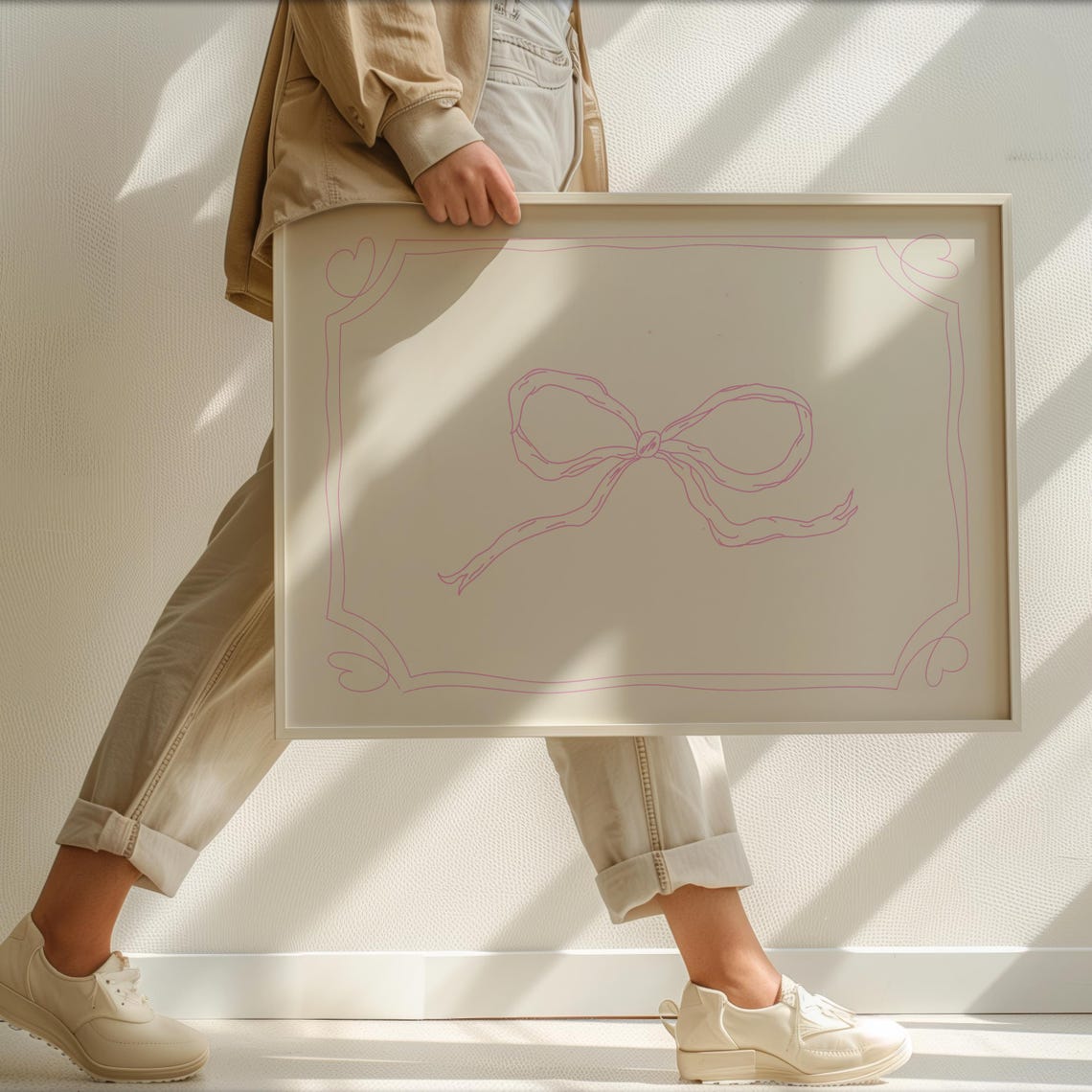 Elegant Minimalist Pink Bow Line Art Horizontal Wall Decor Poster - Image 2