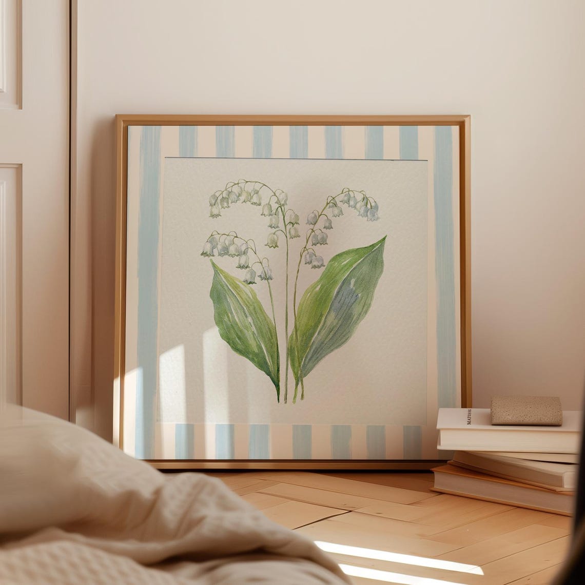 Lily Of The Valley Watercolor Painting On Blue Striped Border Poster
