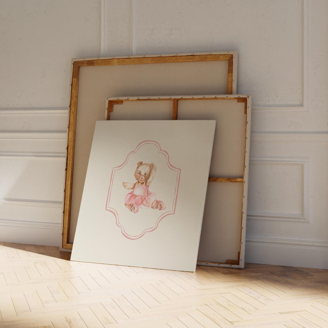 Ballet Teddy Bear Pink Border Square Watercolor Nursery Ballerina Art Print - Image 2