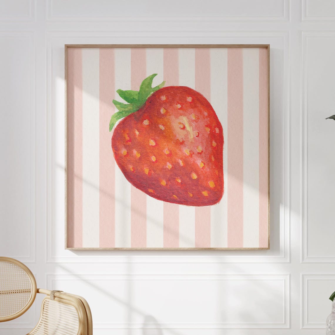 Juicy Red Strawberry Watercolor on Pink Striped Background Poster - Image 2