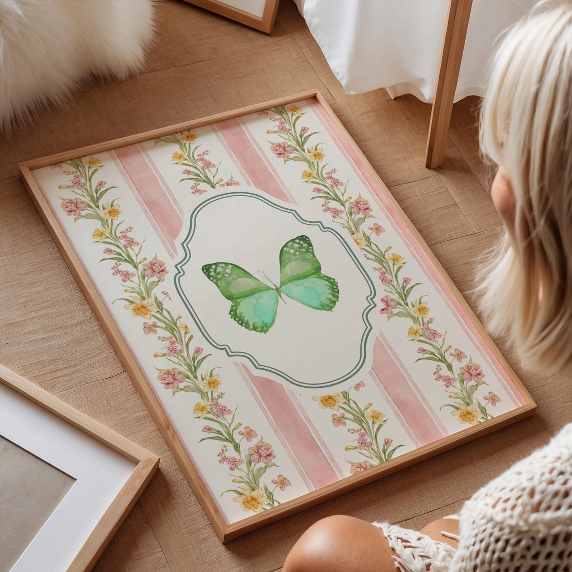 Green Butterfly Floral Striped Vintage Botanical Nursery Wall Poster - Image 2