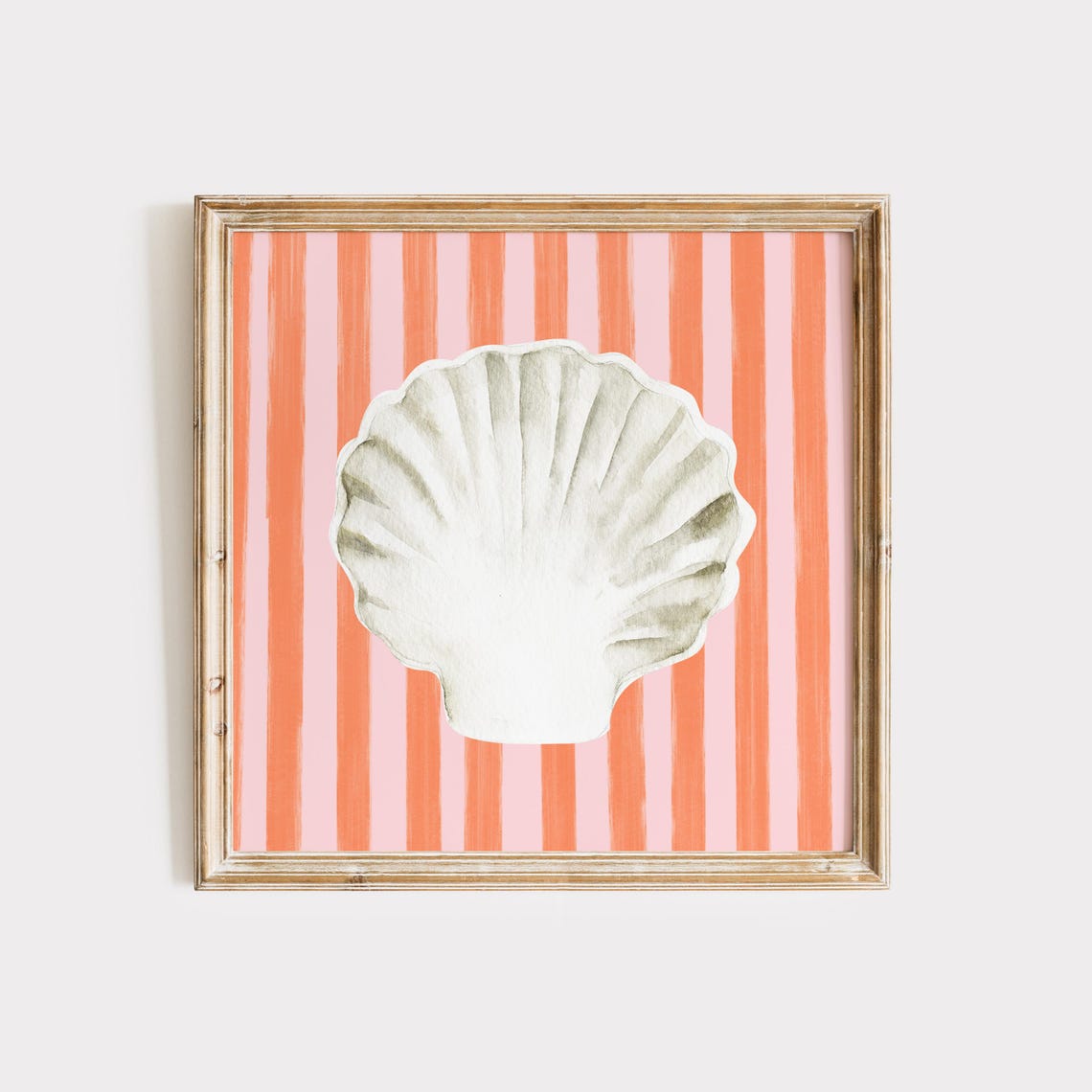 White Scallop Shell Coral Striped Background Coastal Watercolor Poster