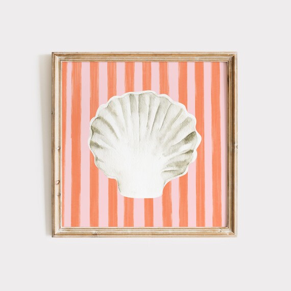 White Scallop Shell Coral Striped Background Coastal Watercolor Poster