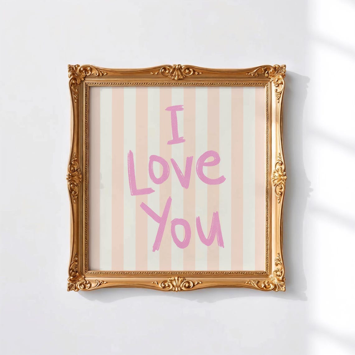 Pink Brush Lettering I Love You Peach Striped Valentine Wall Art Print