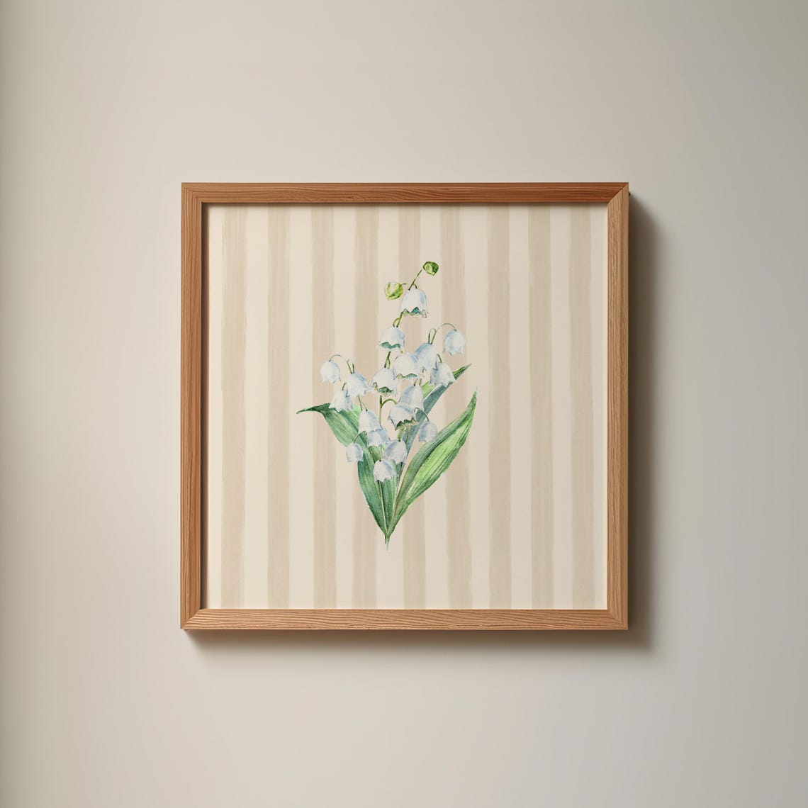 Watercolor Lily of the Valley on Beige Striped Background Poster - Image 2