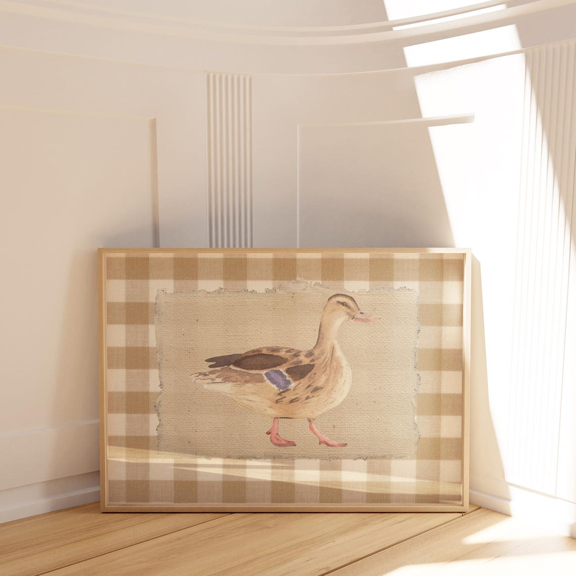 Watercolor Mallard Duck on Brown Gingham Farmhouse Nursery Poster - Image 2