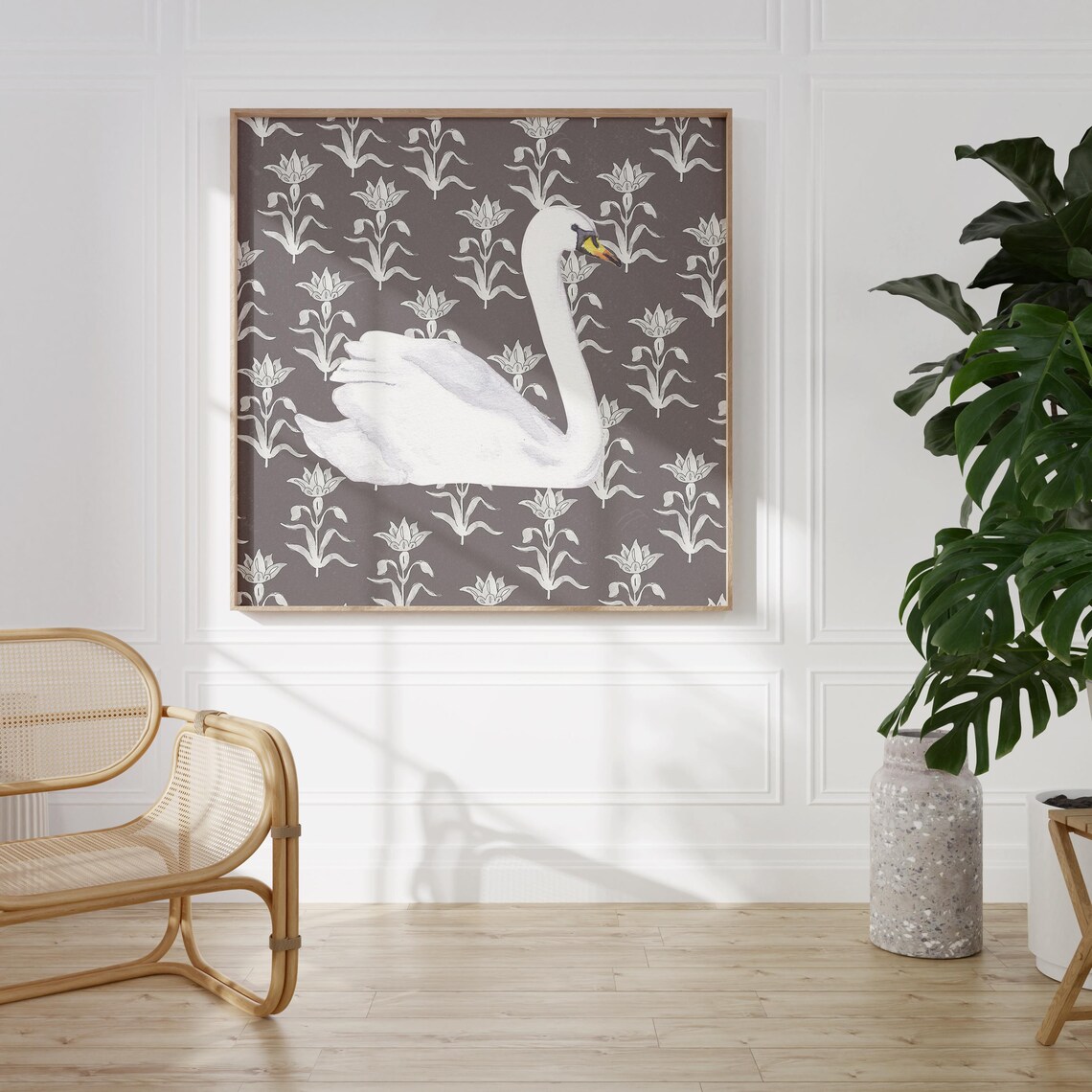 Elegant White Swan on Moody Charcoal Floral Wallpaper Poster - Image 2