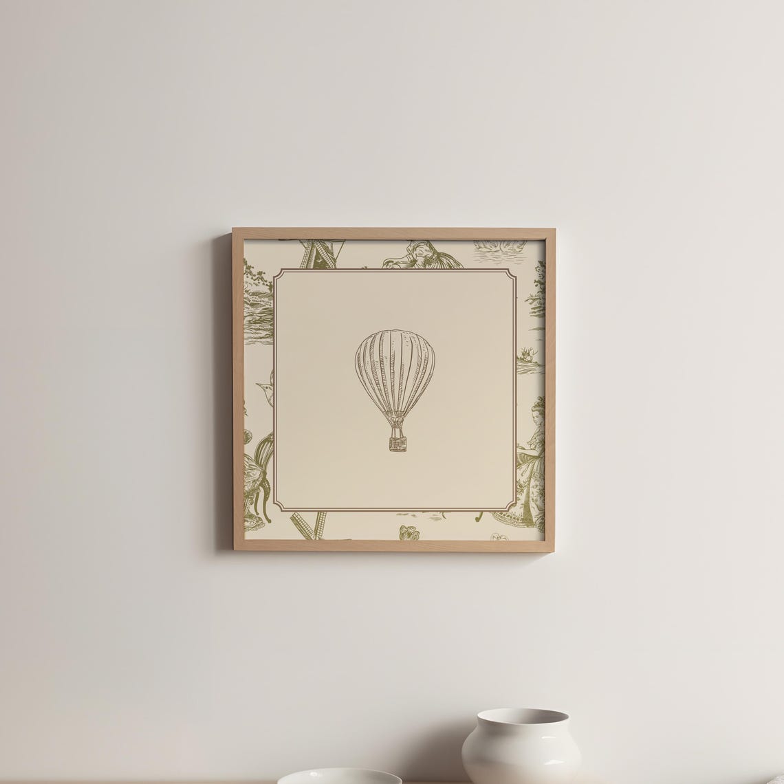 Green Toile Border Hot Air Balloon Engraving Vintage Adventure Poster - Image 5