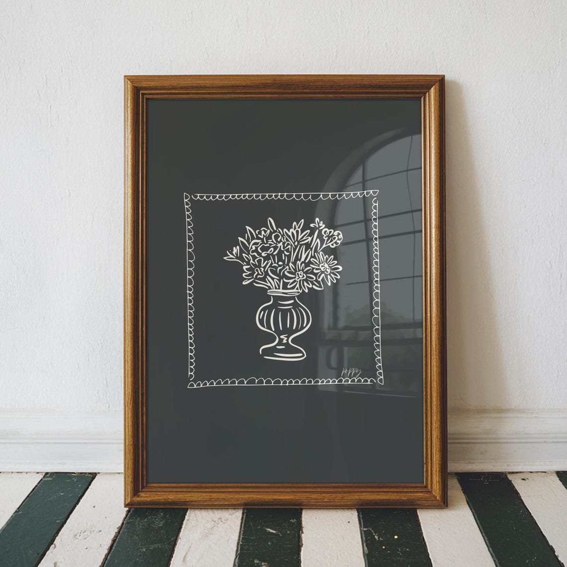 Cream Floral Urn Scalloped Border Charcoal Black Moody Floral Poster - Image 2