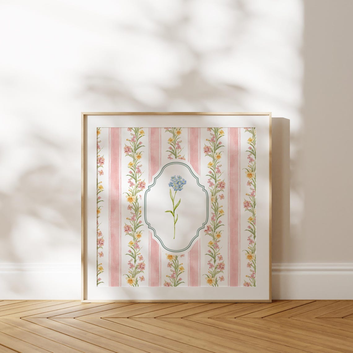Pink Floral Wallpaper Striped Blue Flower Vintage Botanical Poster - Image 4