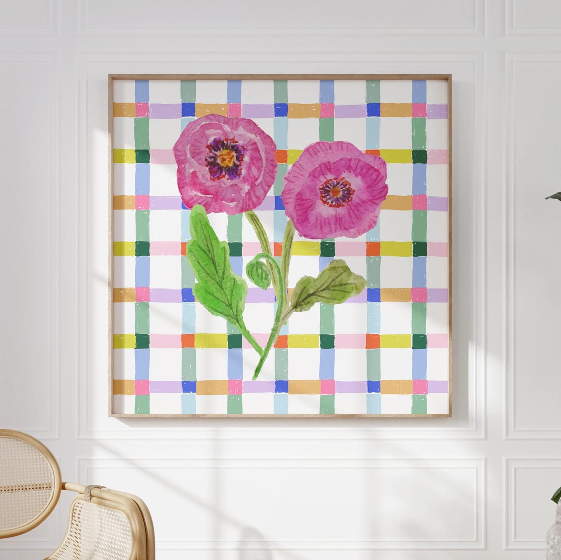 Two Pink Poppy Flowers Colorful Check Plaid Nursery Square Wall Art - Image 5
