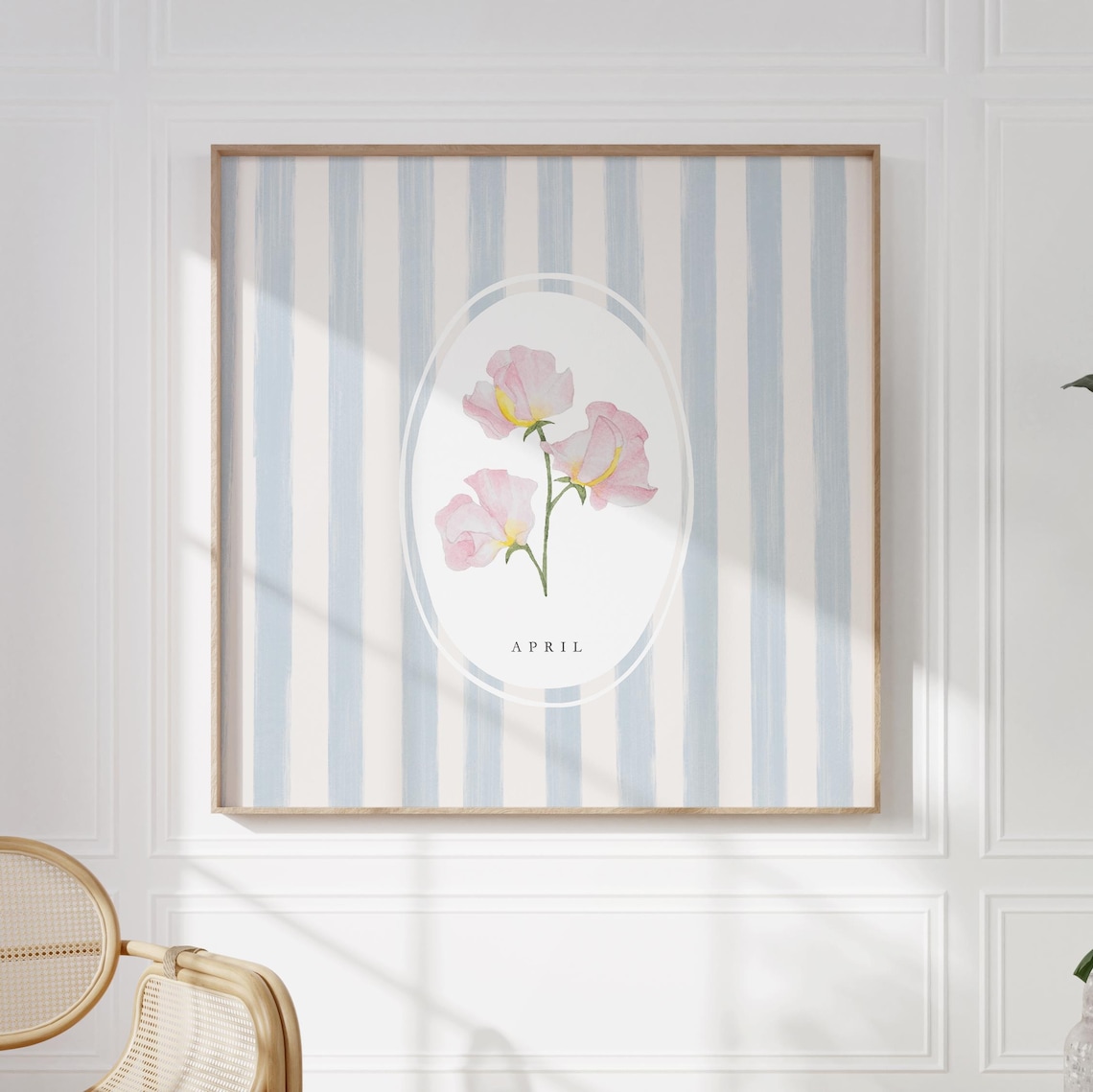 April Sweet Pea Birth Month Flower Blue Stripe Watercolor Botanical Poster - Image 3