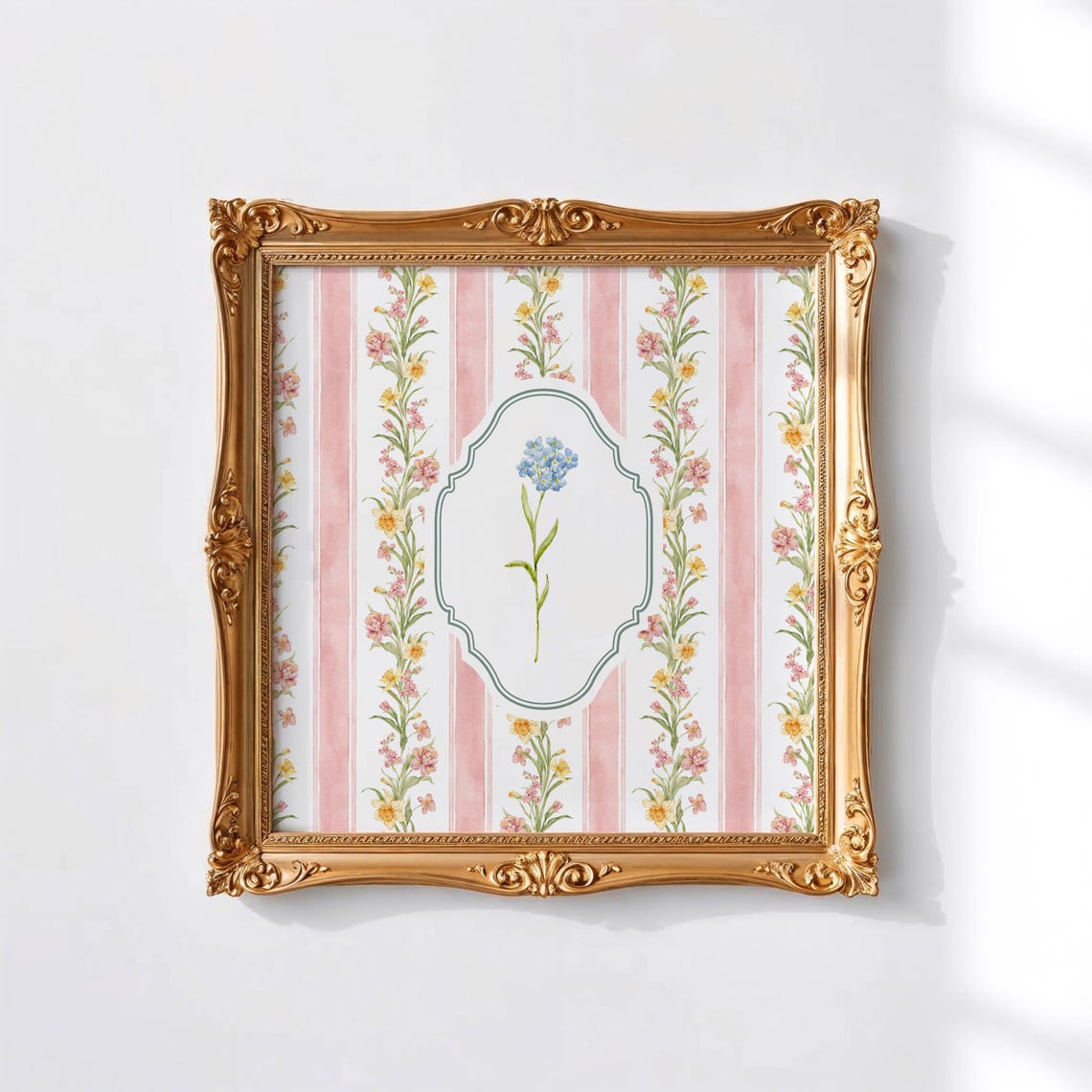 Pink Floral Wallpaper Striped Blue Flower Vintage Botanical Poster