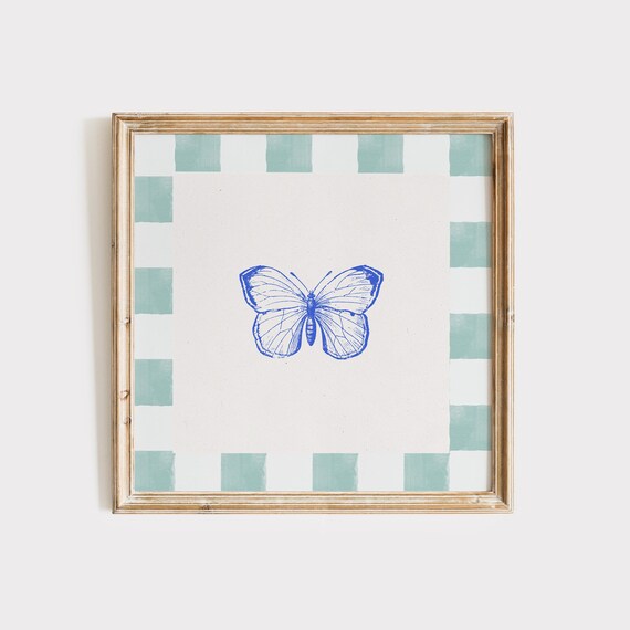 Cobalt Blue Butterfly Line Drawing on Mint Green Gingham Border Art Poster
