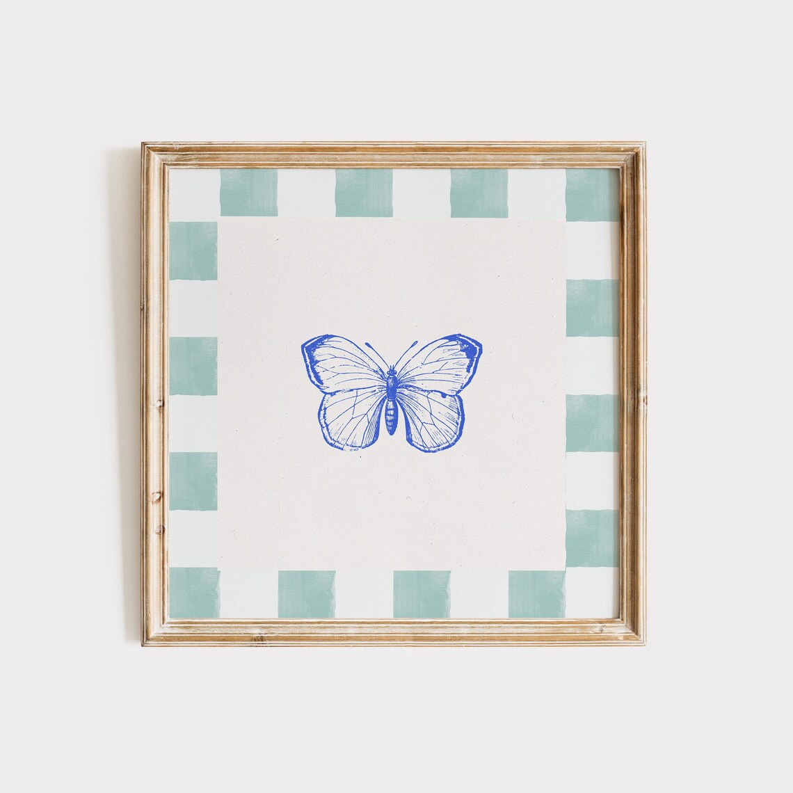Cobalt Blue Butterfly Line Drawing on Mint Green Gingham Border Art Poster