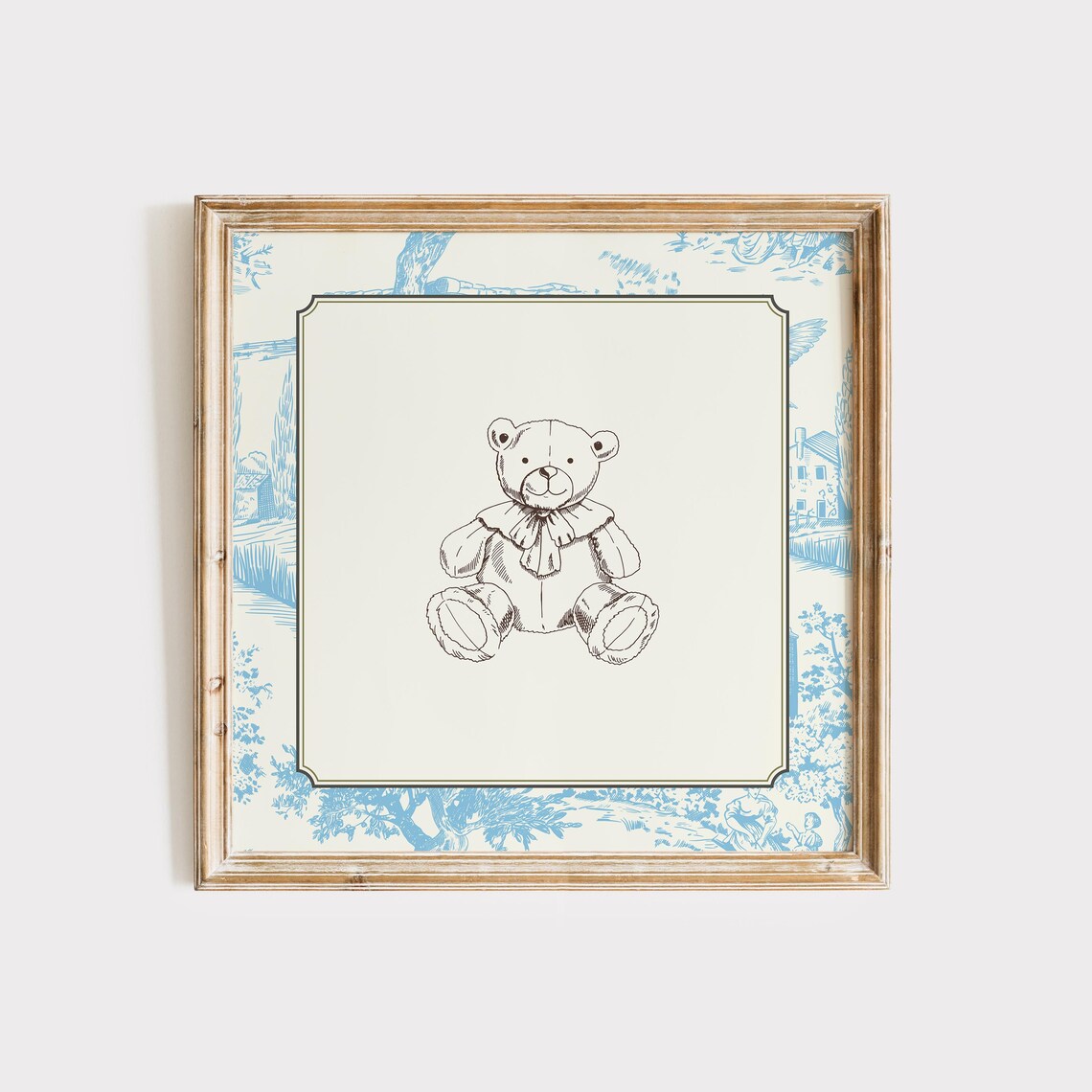 Vintage Blue Toile Teddy Bear Sketch Cute Cottage Nursery Wall Art Print