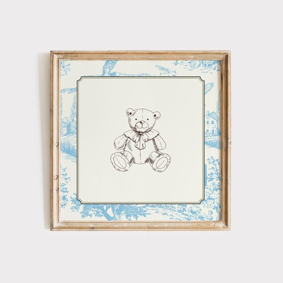 Vintage Blue Toile Teddy Bear Sketch Cute Cottage Nursery Wall Art Print