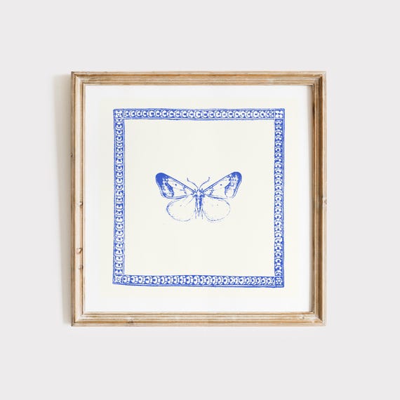 Vintage Navy Blue Minimal Butterfly Square Print Wall Art Kitchen Living Room Art Blue Thin Line Print