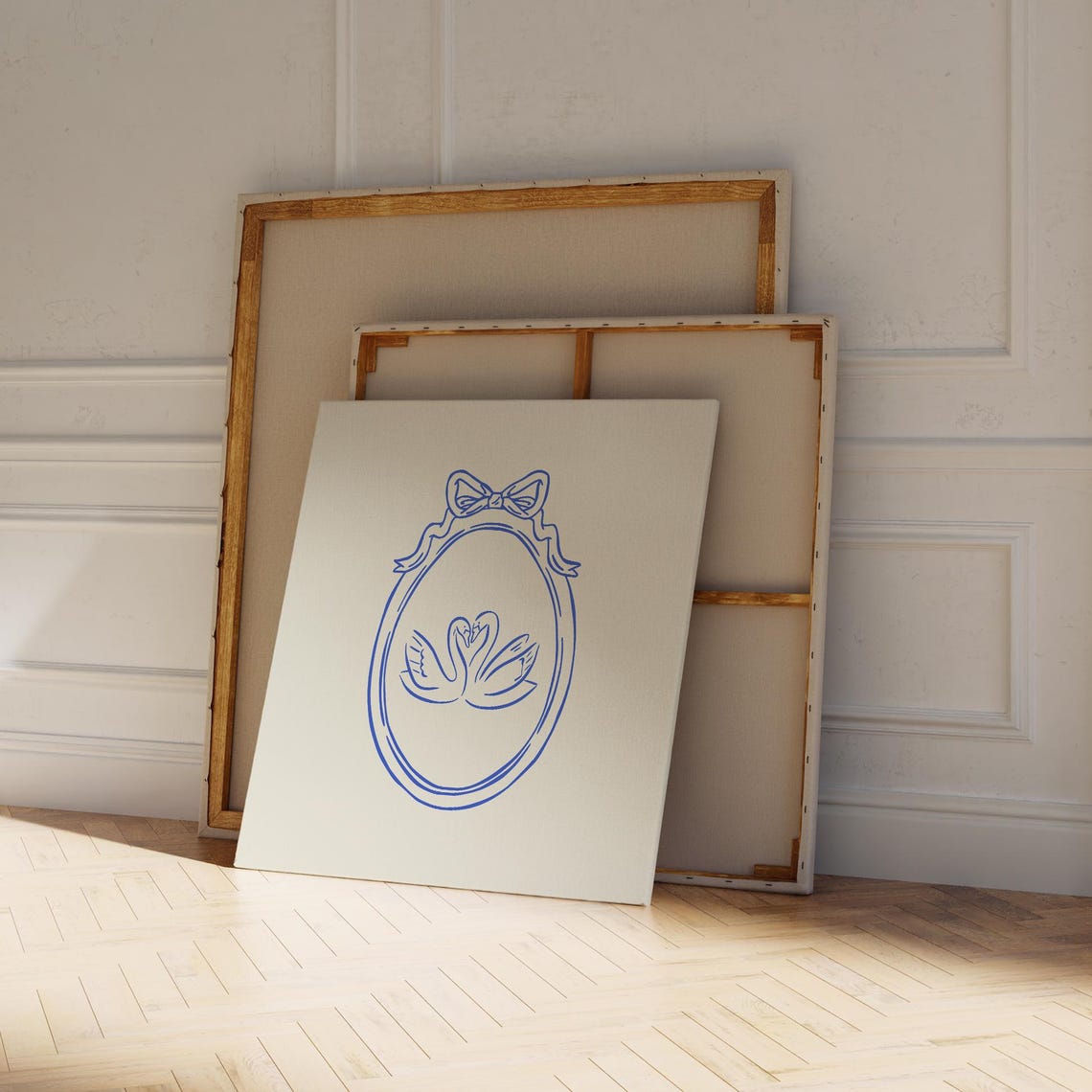 Blue Line Two Kissing Swans Love Romantic Bow Oval Frame Art Print - Image 2