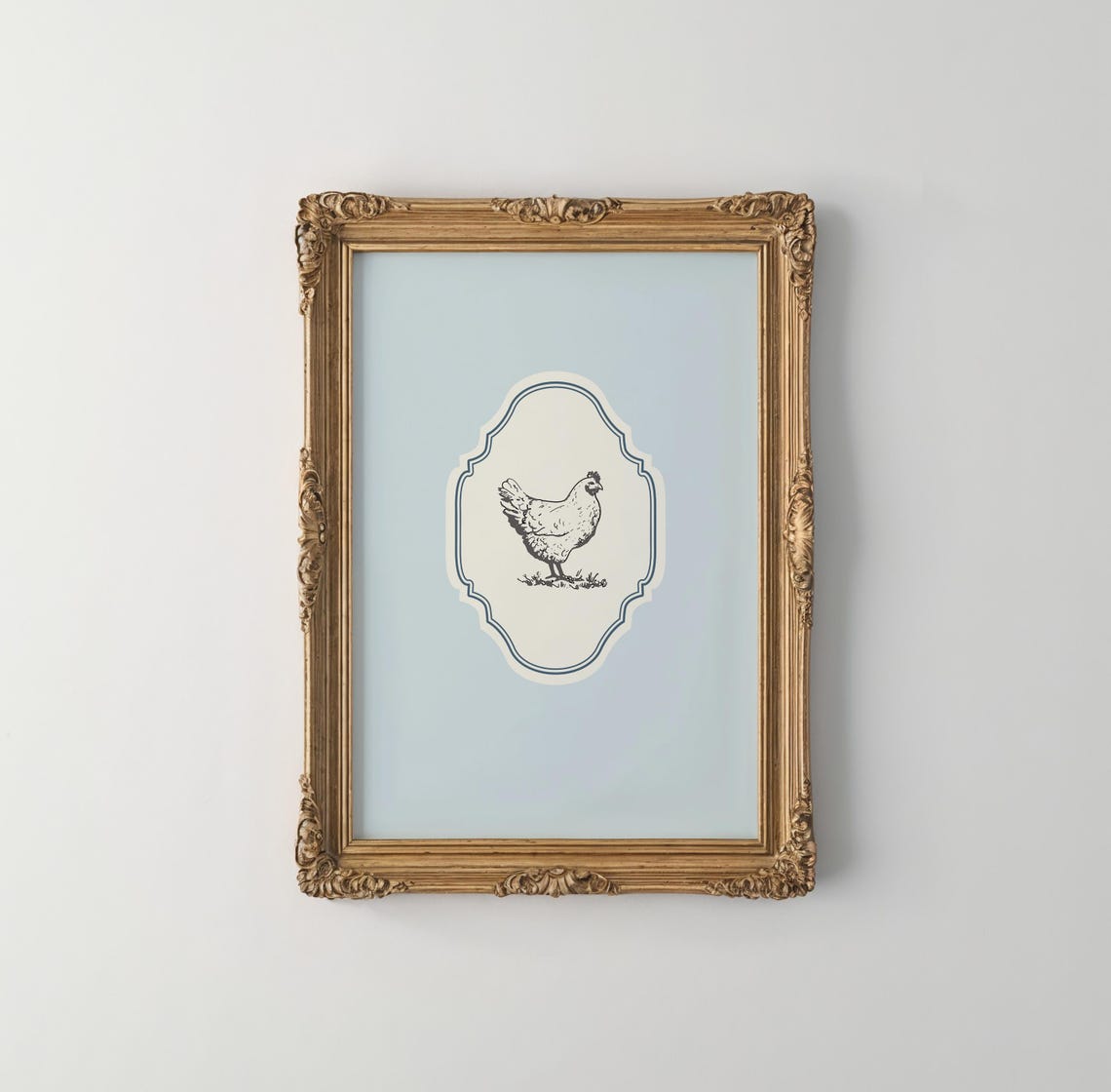 Baby Blue Vertical Hen Chicken Engraving Farmhouse Ornate Poster - Image 5