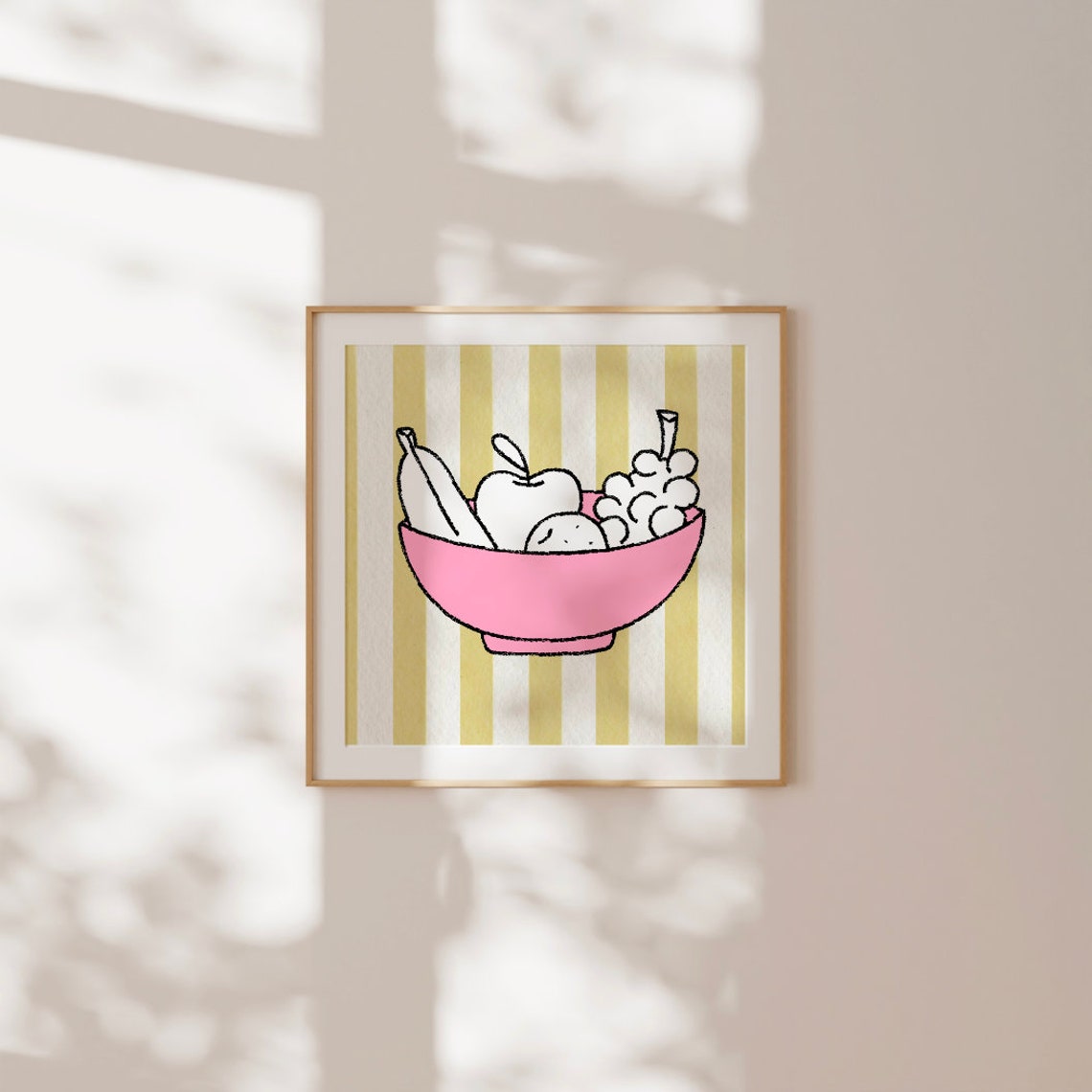 Pink Fruit Bowl Doodle Line Art Banana Apple Grapes Kitchen Poster