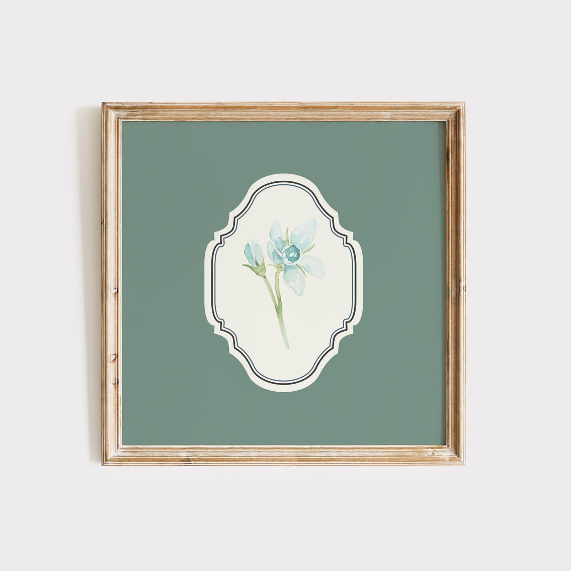 Sage Green Minimal Blue Flower Poster Watercolor Botanical Decor