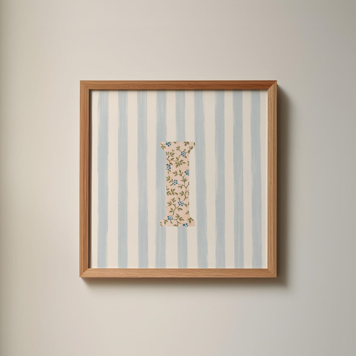 Floral Chintz Letter I Monogram Initial Blue Striped Wall Poster
