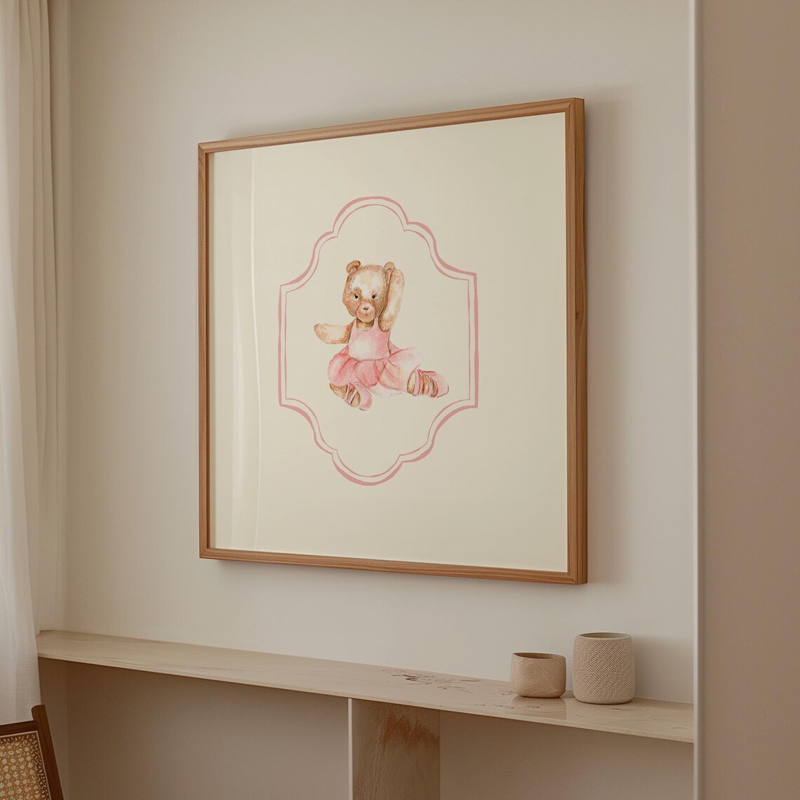 Ballet Teddy Bear Pink Border Square Watercolor Nursery Ballerina Art Print - Image 3