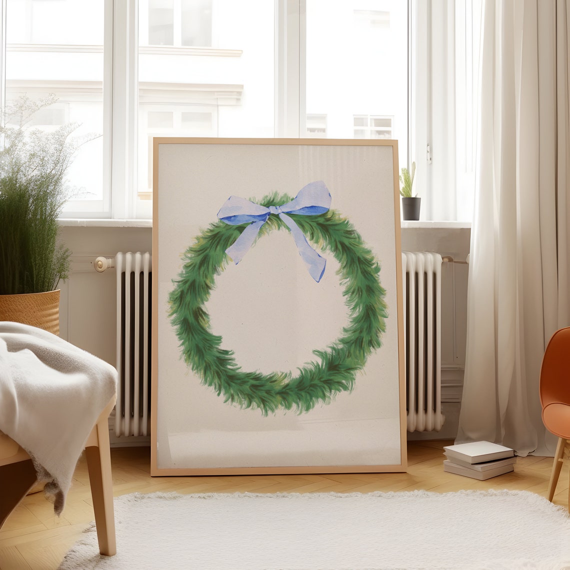 Simple Green Pine Wreath Poster with Light Blue Bow on White