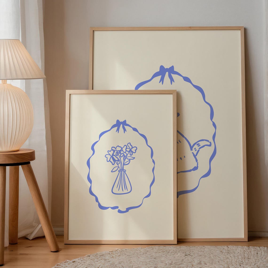 Blue Line Flower Bouquet Ribbon Frame Vintage Vertical Decor Poster - Image 2