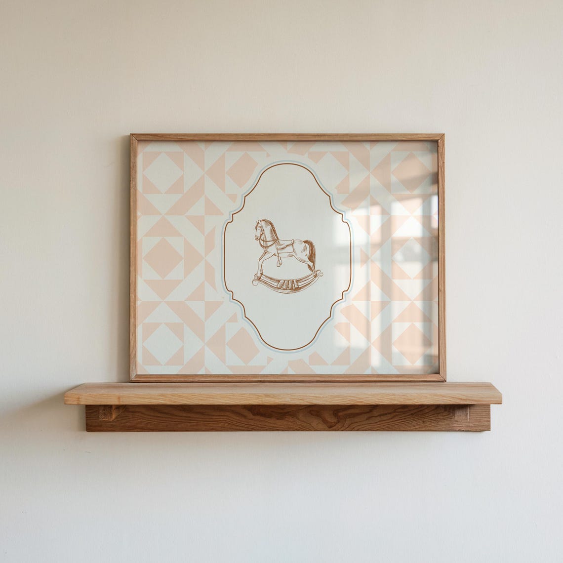 Peach Quilted Rocking Horse Nursery Poster Vintage Baby Room Decor - Image 2