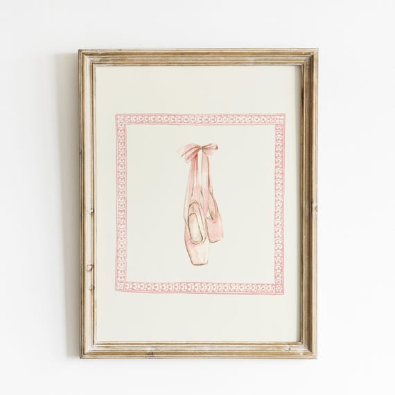 Blush Framed Ballet Slippers Vertical Illustration Print Wall Art Trendy Decor Nursery Decor Vintage