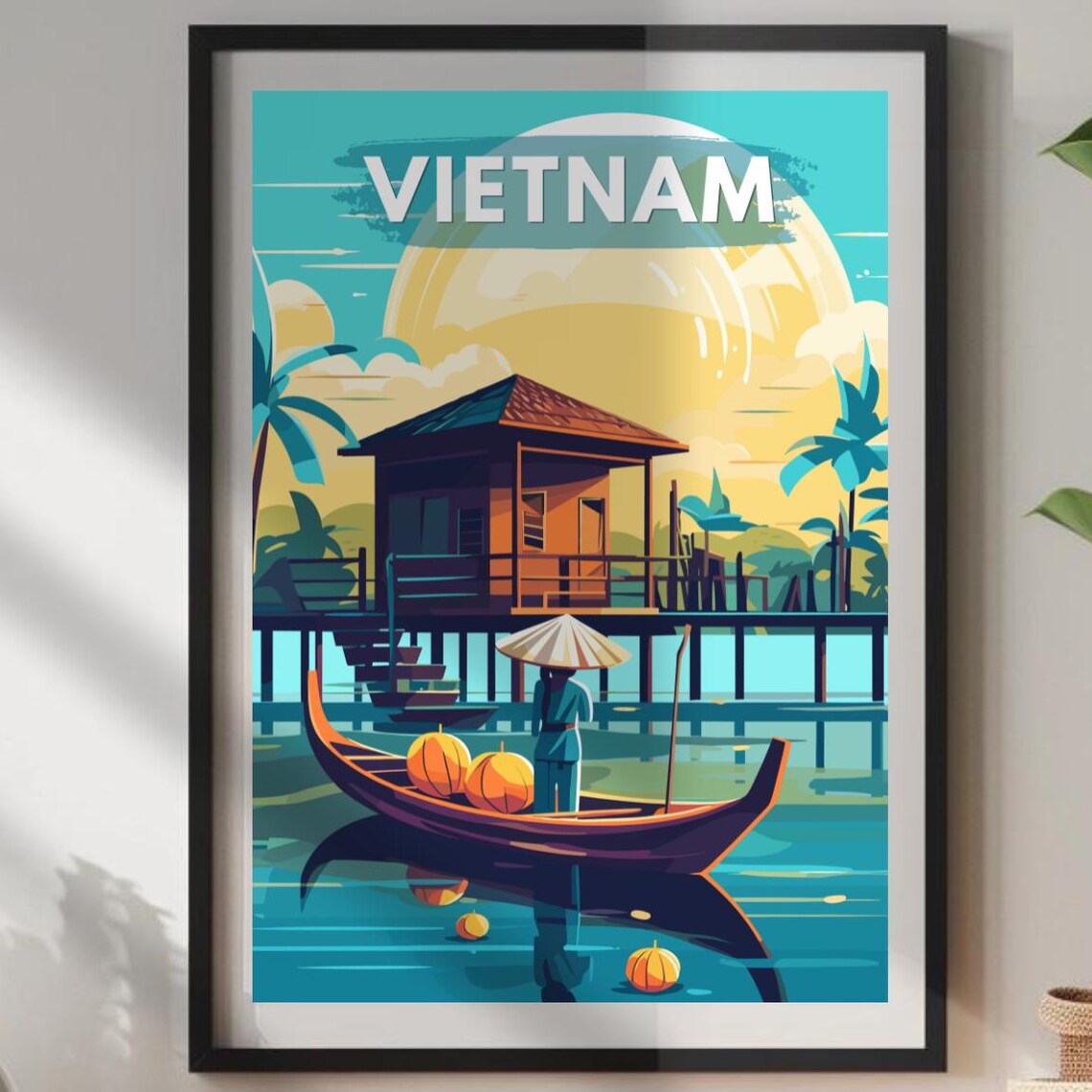 Vietnam Floating Village Sampan Boat Lantern Sunset Travel Poster