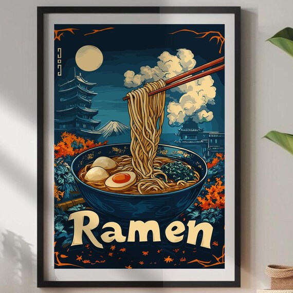 Ramen Bowl Pagoda Mount Fuji Moon Night Japan Food Art Poster