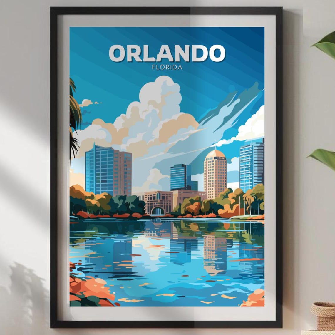 Orlando Florida Travel Poster Lakefront Skyline Reflection Art