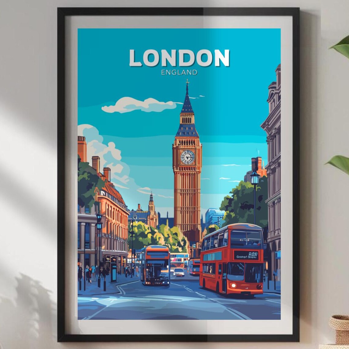 London England Big Ben and Red Double Decker Bus Travel Poster