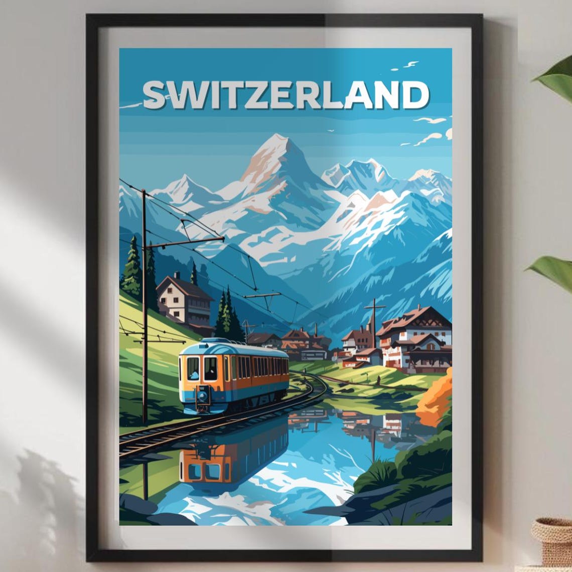 Switzerland Travel Poster, Swiss Alps Mountain Print