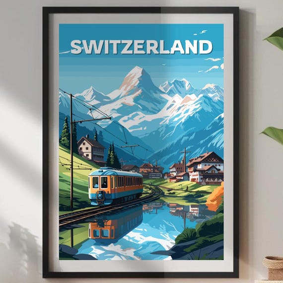 Switzerland Travel Poster, Swiss Alps Mountain Print