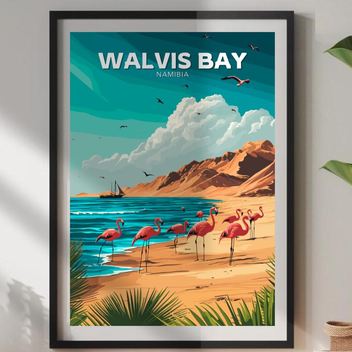 Walvis Bay Namibia Flamingos Dunes Beach Desert Coast Travel Poster