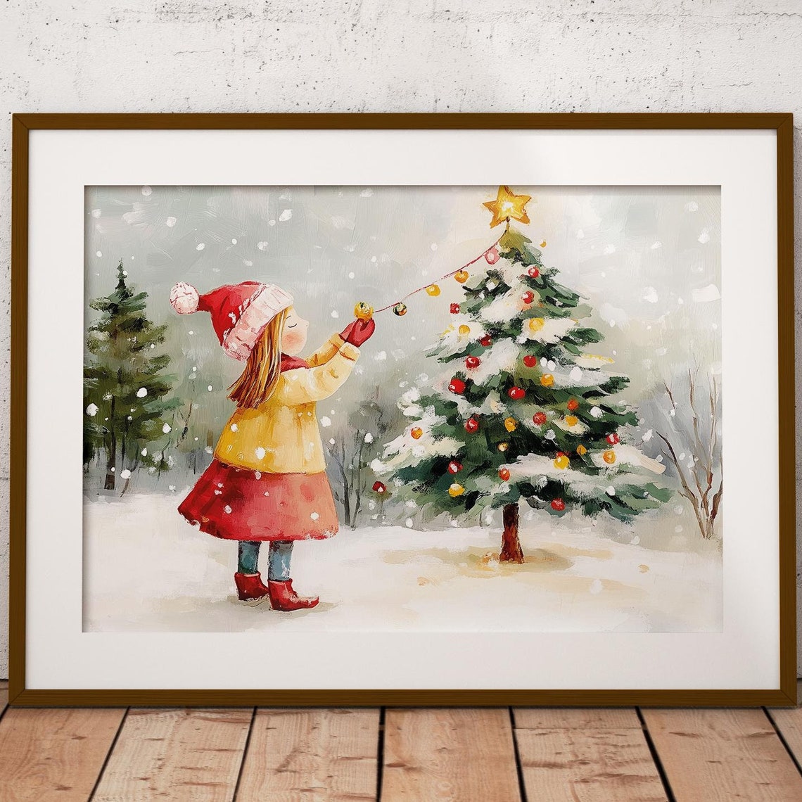 Christmas Tree Star Lights Up By Girl In Santa Hat Outdoor Holiday Art Christmas Village Print Girly Holiday Decor Christmas Snow Art - Image 5