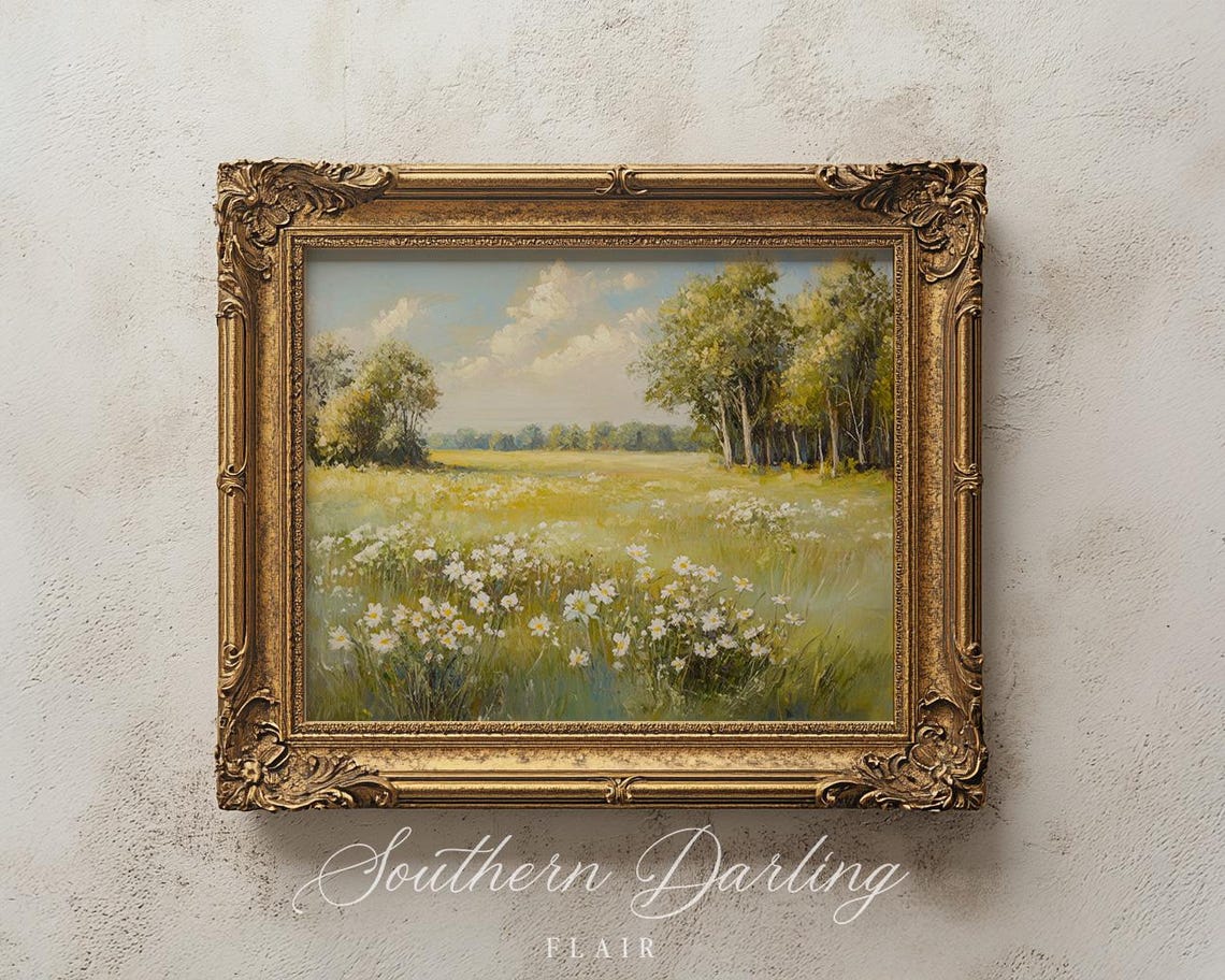 Vintage Daisy Meadow In Soft Green And Gold Countryside Poster - Image 2