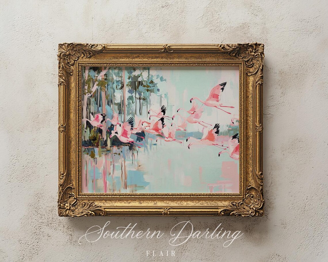 Flamingos Flying Over Water, Grandmillenial Art Print - Image 2