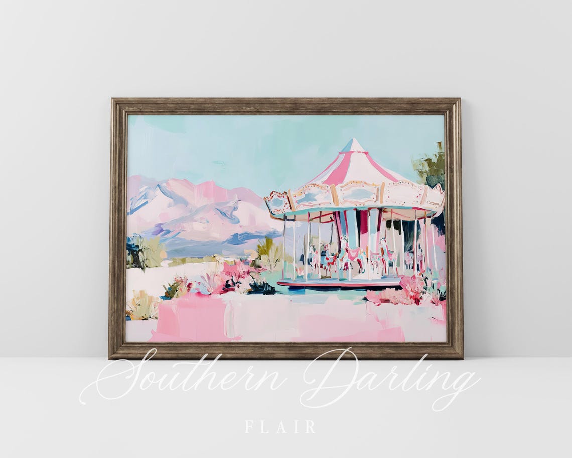 Pink And White Carousel With Mountains Pastel Amusement Art Poster - Image 4