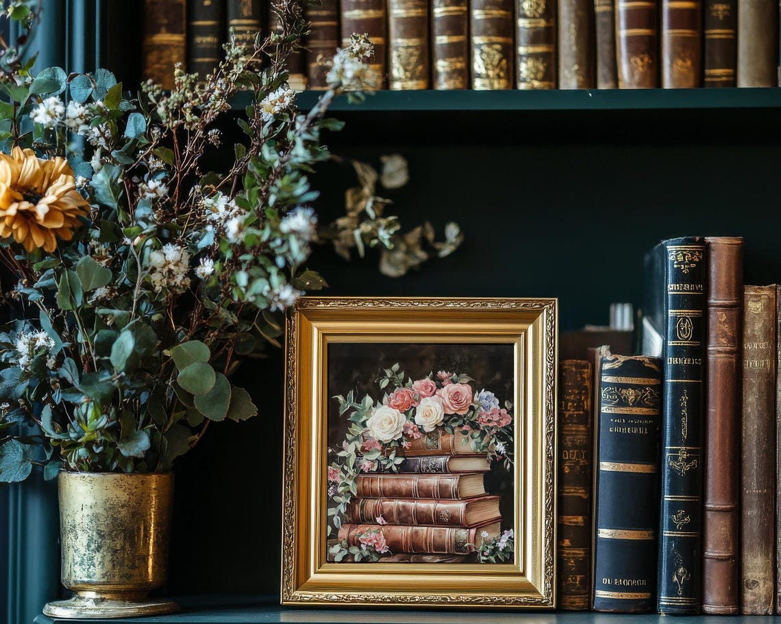 Stack Of Vintage Books With Pink Roses Dark Moody Library Poster - Image 2
