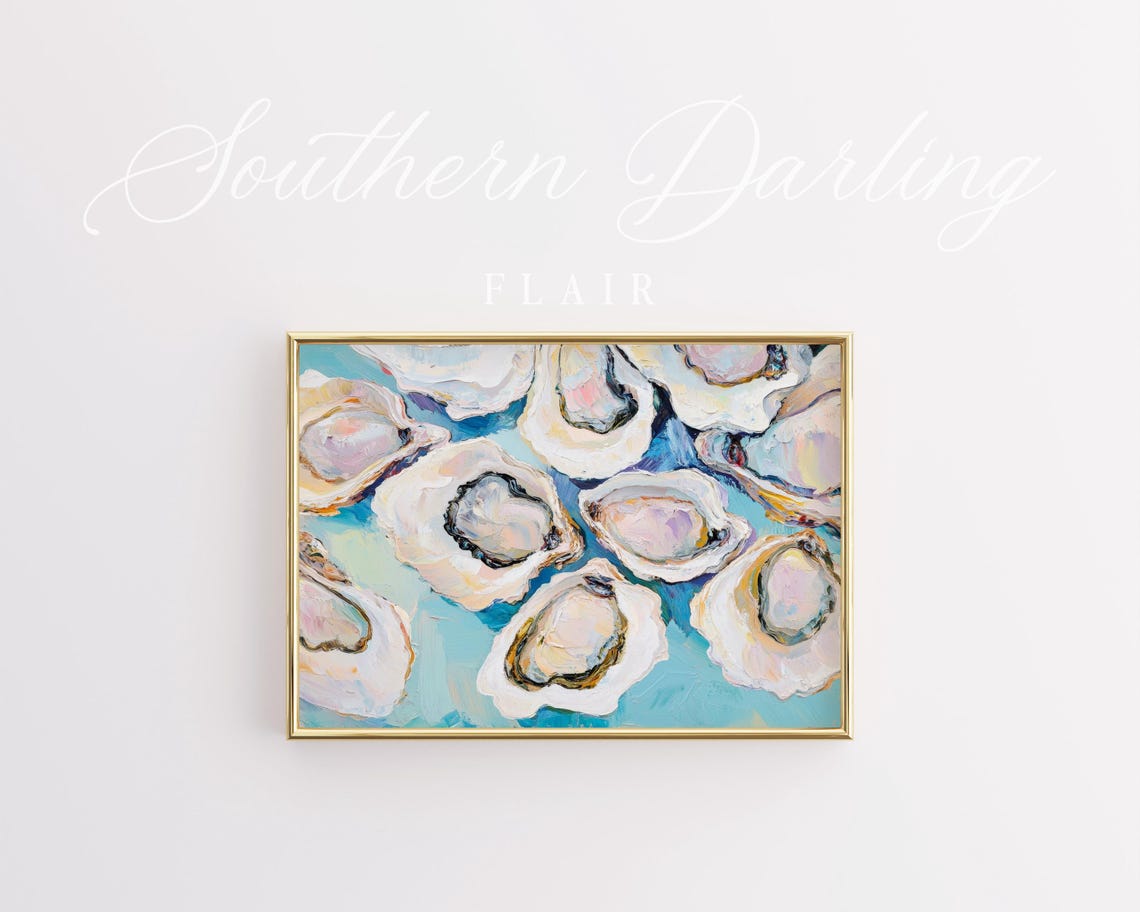 Oyster Shells On Blue Background Impasto Coastal Shell Art Poster - Image 4