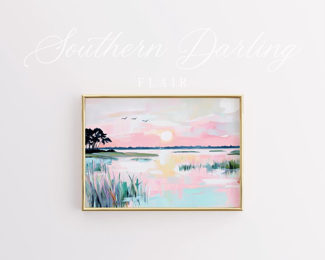 Pastel Marsh Sunset Wetland Birds Coastal Landscape Painting Poster - Image 2